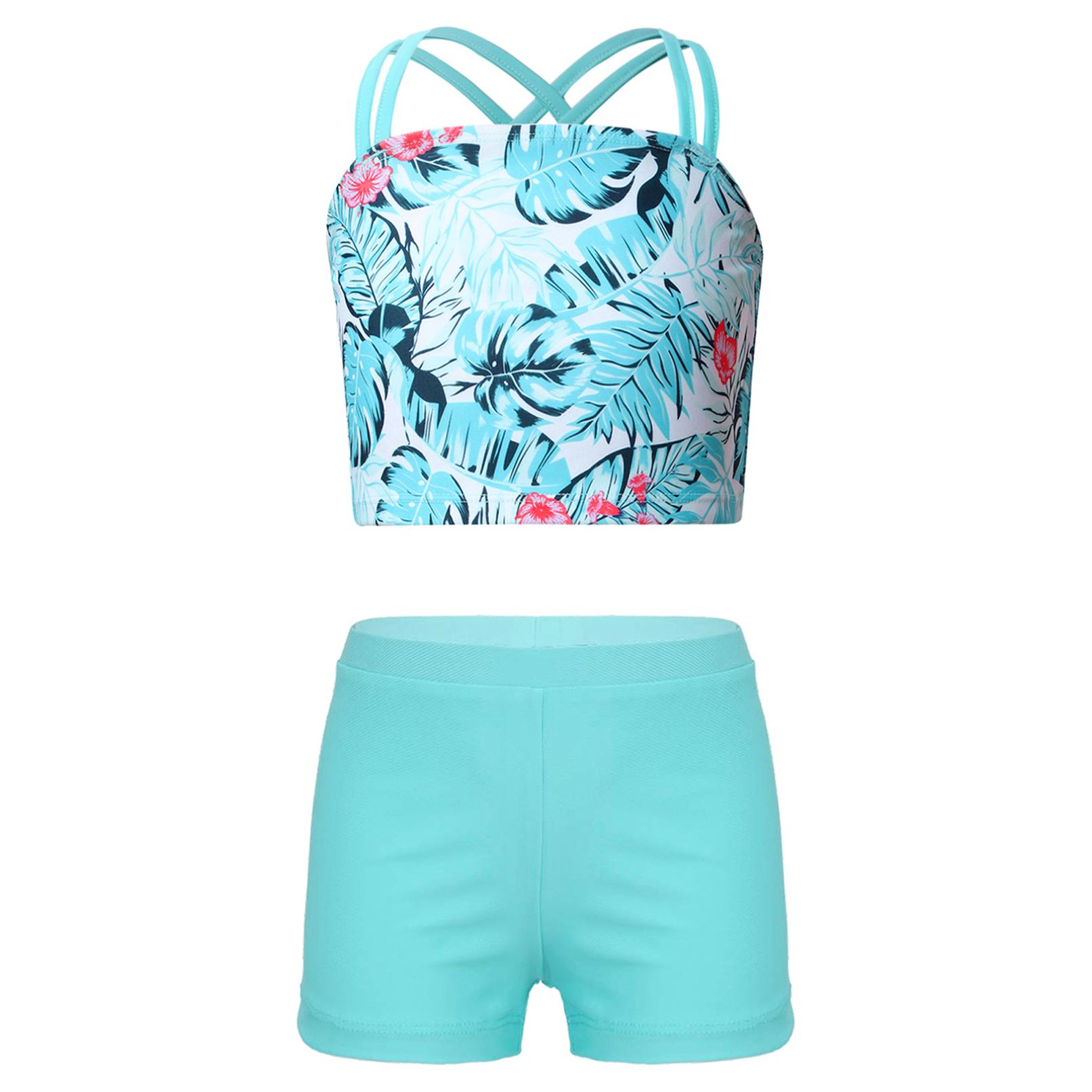 Manyakai Zwemkleding voor kinderen, meisjes, dubbele schouderbanden, tanktop met shorts voor zwemmen in het strandzwembad 5-6 Years meer groene kleur