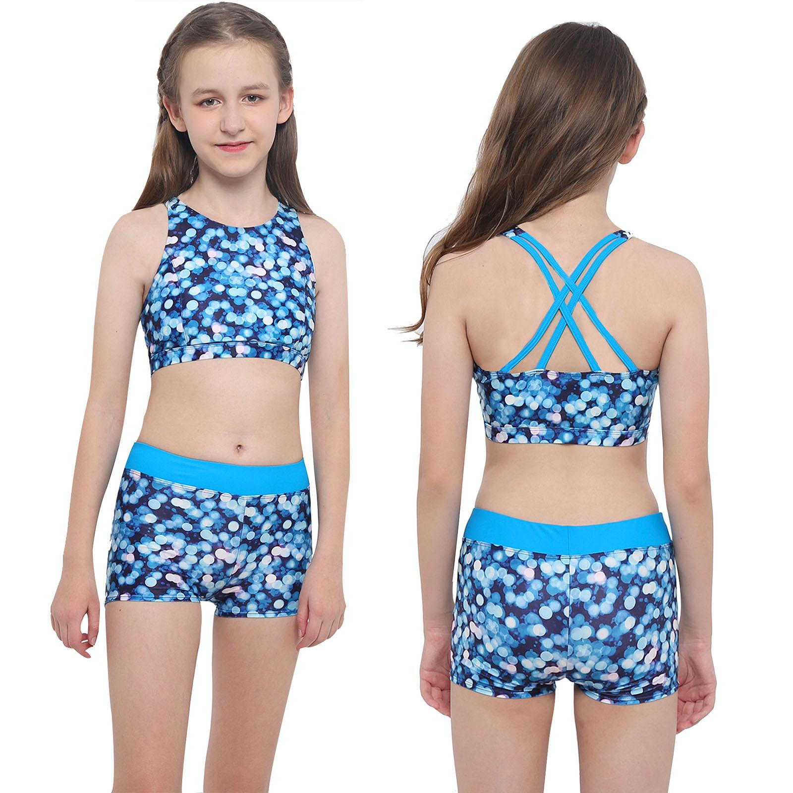 ZDHoor Kindermeisjes 2-delig badpak met gekruiste rugvest en boyshorts tankini-badpakken 9-10 Years blauw