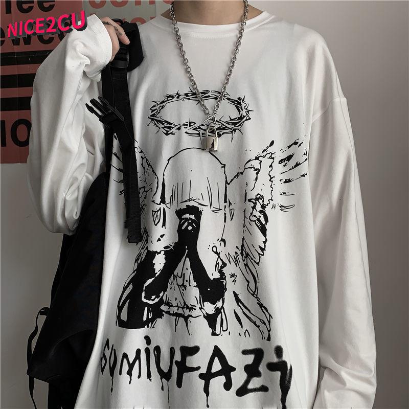 HOUZHOU Heren T-shirts met lange mouwen Herfstprint Gotisch Vintage Ulzzang Gezellig High Street Streetwear 5XL Baggy Koreaanse stijl Harajuku BF XL