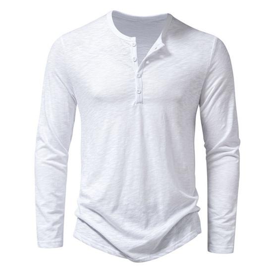 Manshanwangluo Heren Herfst Winter O-hals Knoppen Hals T-shirt Lange mouw Effen Kleur Slim Fit Dieptepunt T-shirt Streetwear M wit