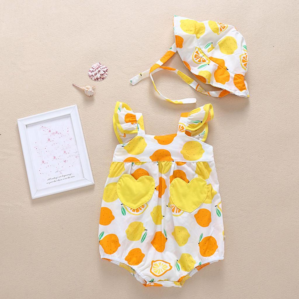 Long nose (Kung Pao-kip)Pasgeboren baby baby meisjes riemen fruitprint romper Sunsuit hoed bodysuit 90 geel