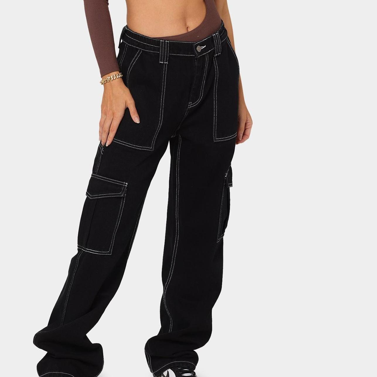 XHZ Dames rechte losse broek met wijde pijpen, cargo jeans met meerdere zakken, casual jeans voor dames L