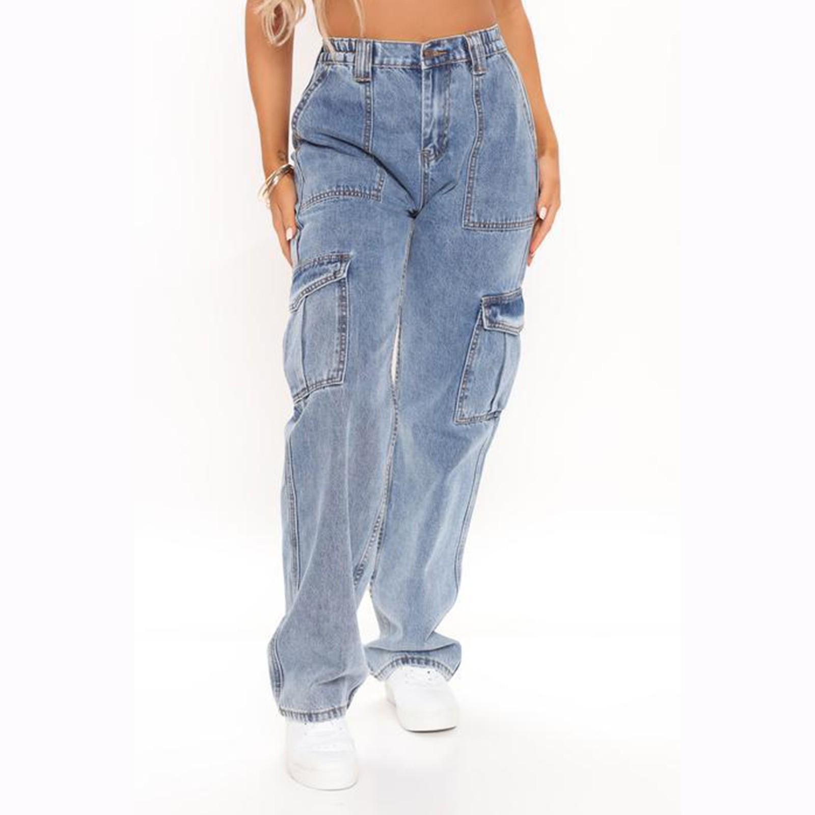 XHZ Dames rechte losse broek met wijde pijpen, cargo jeans met meerdere zakken, casual jeans voor dames XL