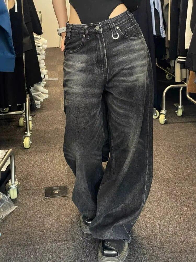 Exotic Vintage zwarte wijde pijpen jeans vrouwen oversized high street Koreaanse mode baggy denim broek grunge Y2k vrouwelijke hiphop L