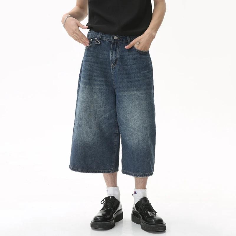 GS Heren Zomer Cropped Jeans Mid-rise Knoopsluiting Denim Broek Gradiënt Kleur Wijde Pijpen Cropped Broek Streetwear L