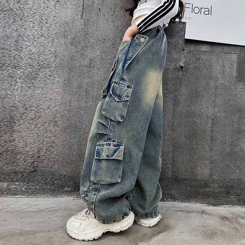 LAOHU Retro Cargo Jeans Meisjes Lente Losse Casual Kinderen Wijde Pijpen Broek Ontwerp Streetwear Broeken 150cm