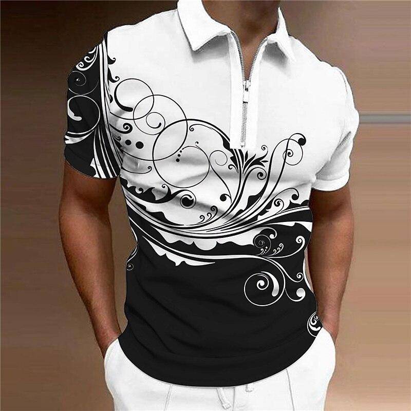 Womens blouse shirts Herenoverhemd Polo Casual Rits Korte Mouw Mode Casual Rits Zomer Lente Regular Fit 3D Zwart en Wit Bloemen Print Overhemd XL