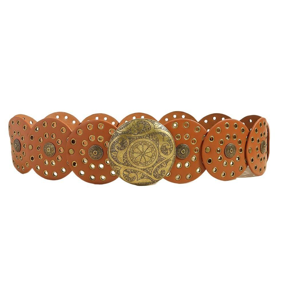 YWyihe Ronde holle riem Y2K brede riemen Vintage schijfriemen voor dames Camel-Gold Buckle