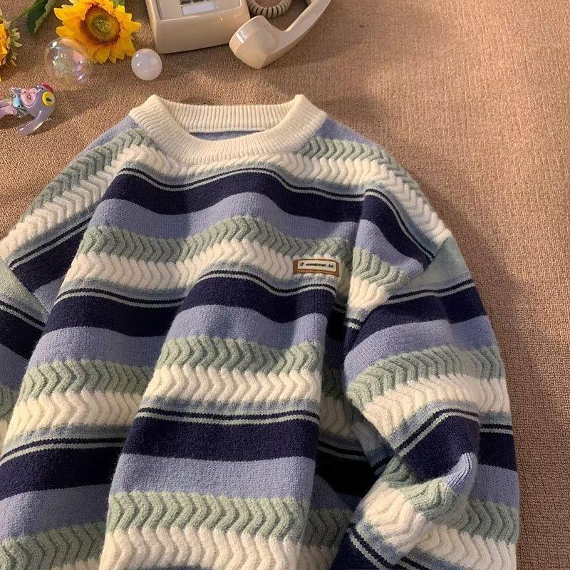 VIYOO Dames Y2K Vintage Dikke Gestreepte Gebreide Truien Shirts Truien Breiwerk Sweatshirts Streetwear Truien Heren Koreaanse Winterkleding 2XL blauw