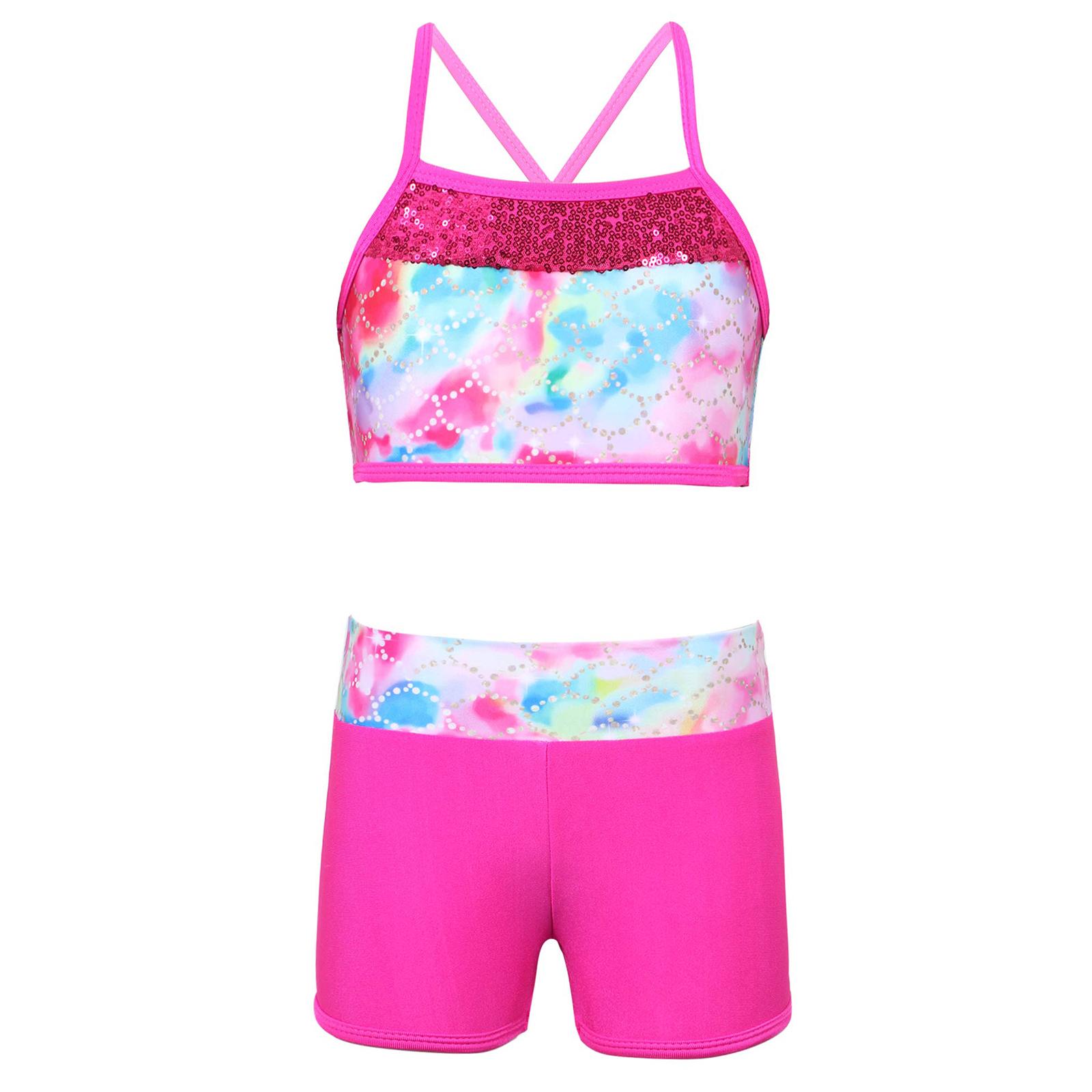 Aislor Kinderen meisjes tweedelige badpak sport gymnastiek dansen zwemmen outfit crop top met shorts set 11-12 Years