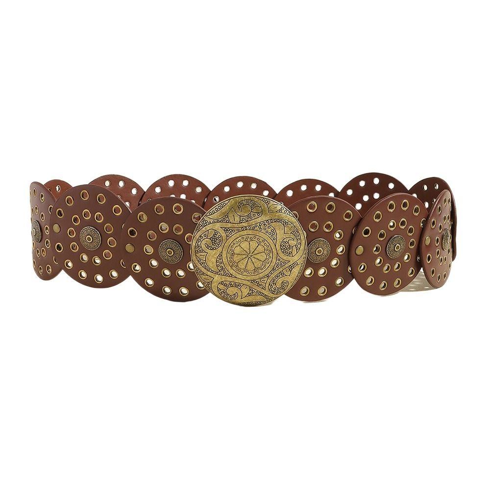 SXyurun Holle riem met metalen gesp Y2K brede riemen Vintage schijfriemen voor dames Brown-Gold Buckle