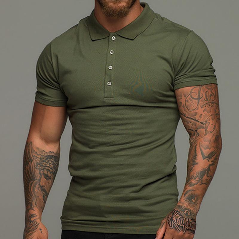 Source universe Mannen Casual Turn Down Kraag Korte Mouw Knop T-shirts Zomer Mannelijke Effen Slanke Werkkleding Kantoor Tee Tops 2XL legergroene kleur