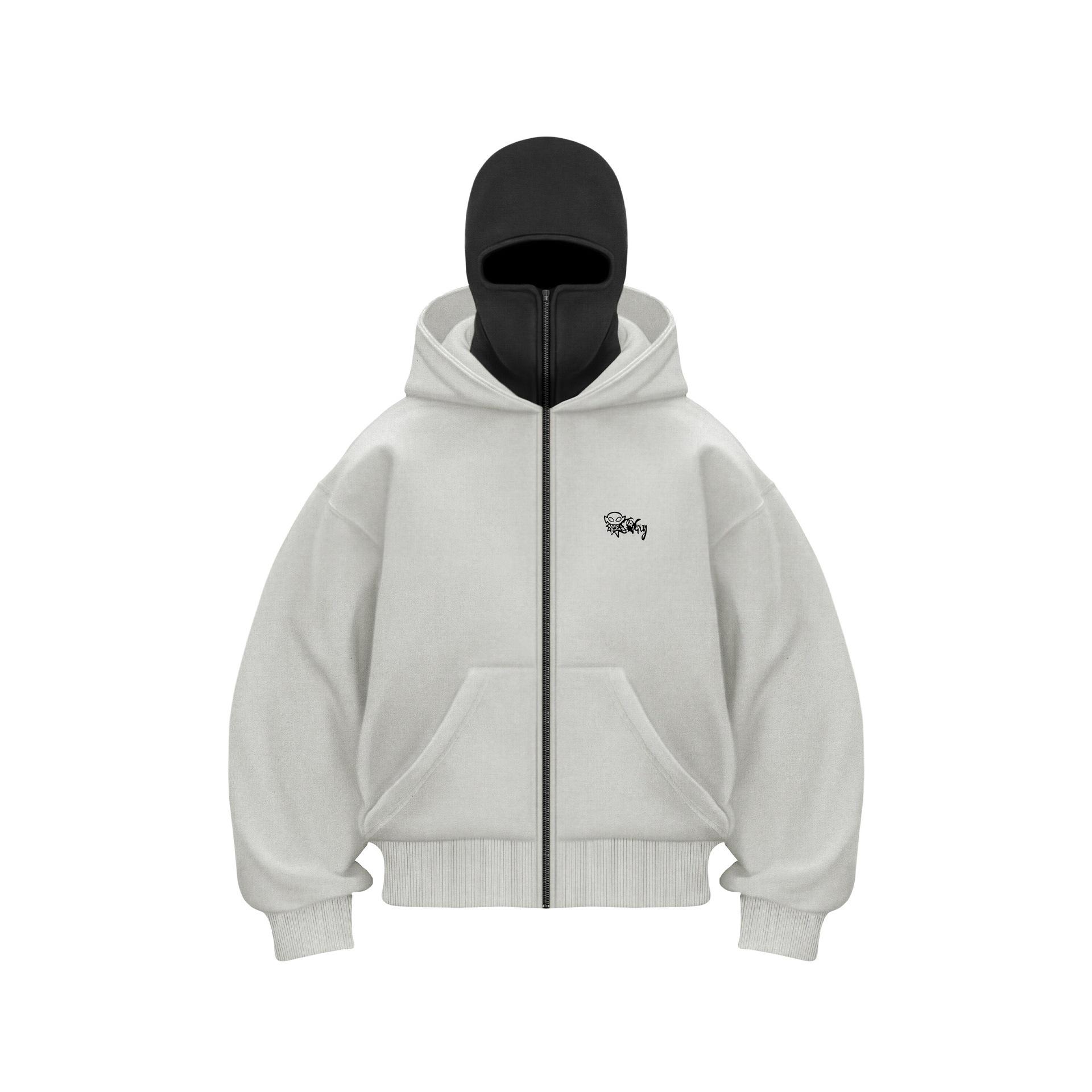 GLAM COUTURE Heren Balaclava Zip Hoodie Winter Warm Casual Sweatshirt met Capuchon Gezichtsmasker Rits Ontwerp Sportjack Buitenactiviteiten 2XL lichtgrijze kleur