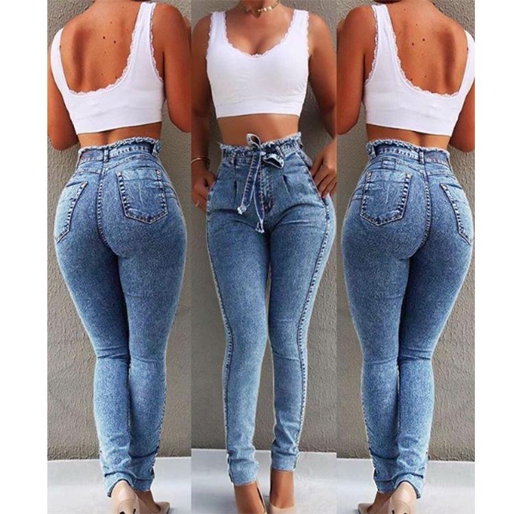 Melcke Vrouwen Bandage Denim Plus Size Jeans Femme Pencil Broek Skinny Hoge Taille Jeans L