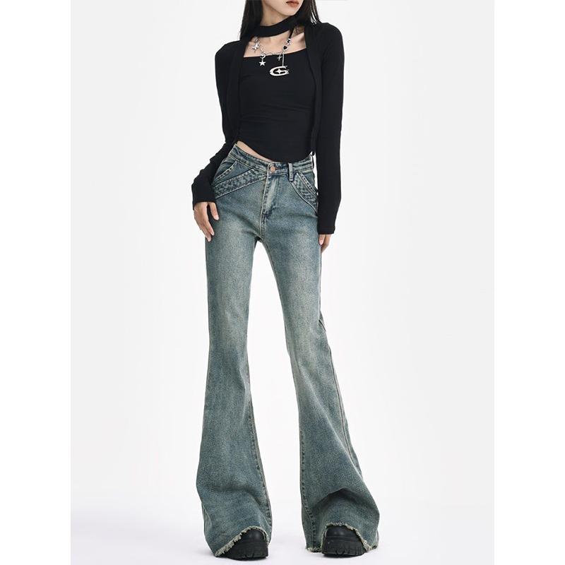 Fantastic wardrobe Flare Jeans Dames Hoge Taille Y2k Kleding Denim Broek Vintage Gewassen Retro Dweilen Koreaanse Stijl Streetwear L
