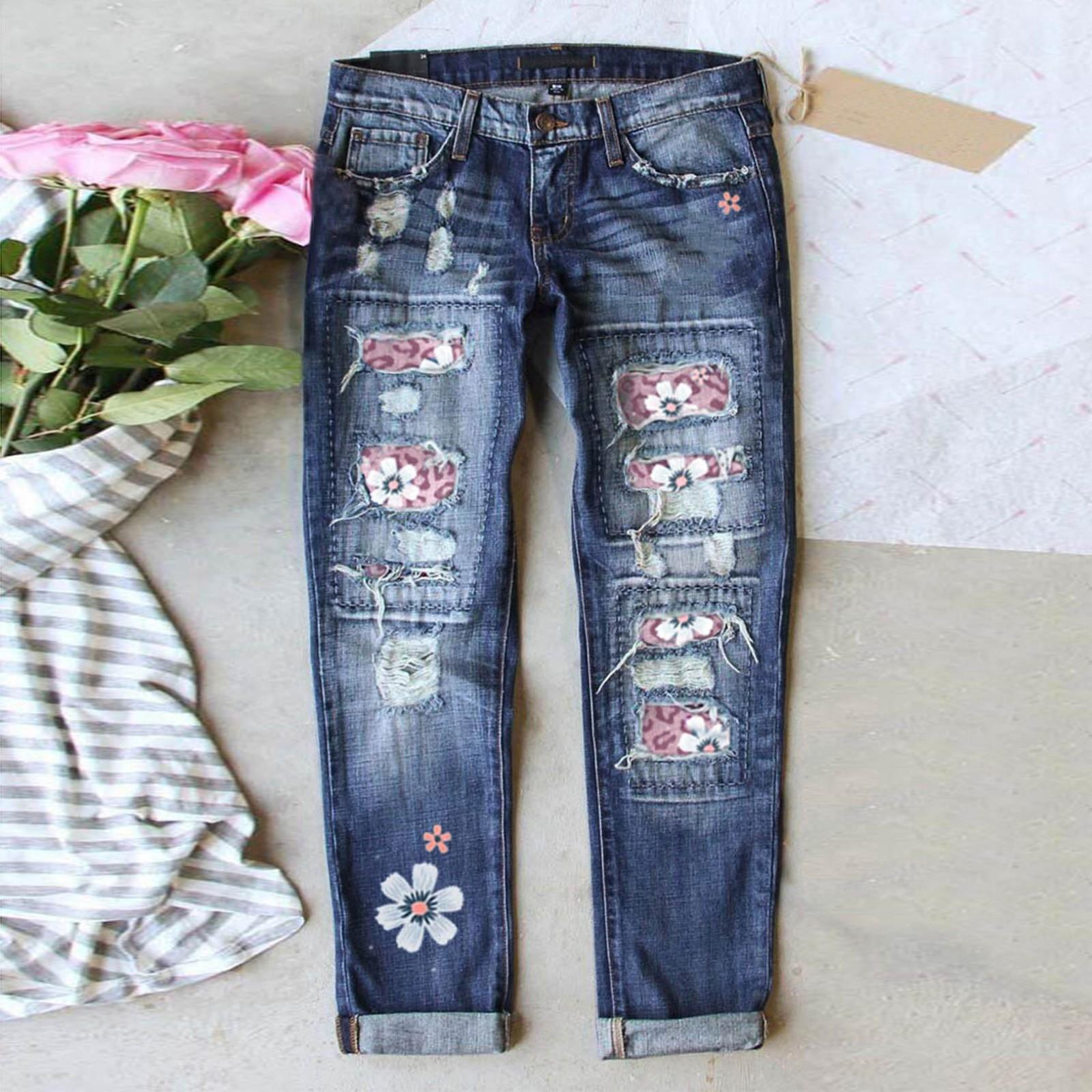 XK22GD Dames blauwe bloem bedrukte stretch jeans hoge taille broek patch gescheurde vernietigde denim broek skinny broek S roze