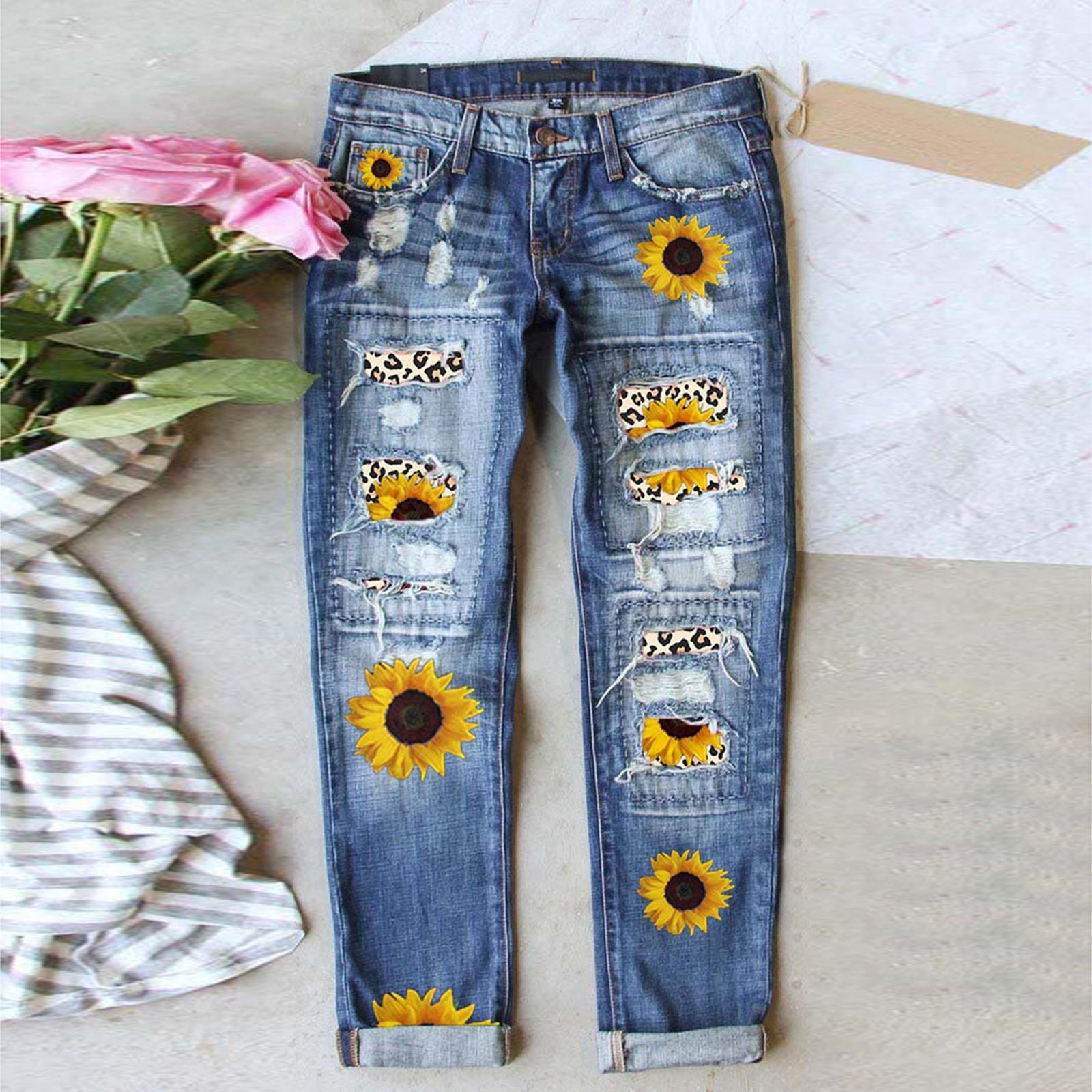 XK22GD Dames blauwe bloem bedrukte stretch jeans hoge taille broek patch gescheurde vernietigde denim broek skinny broek S geel