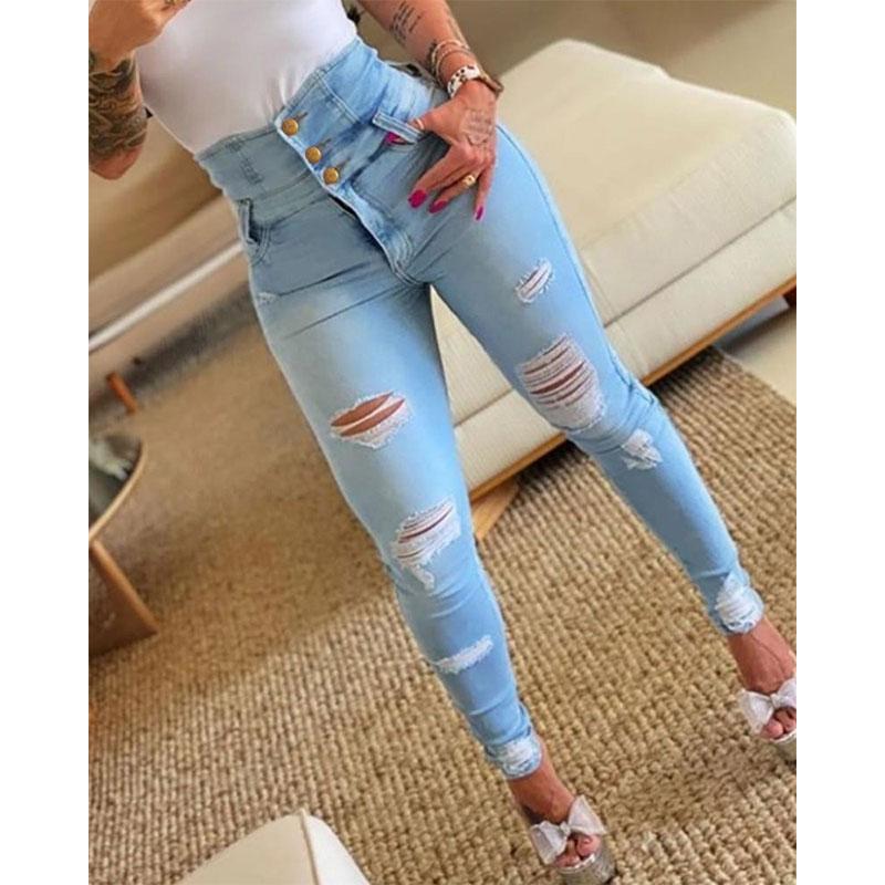 Omena High-Waist Ripped Personality Trend Damesjeans M blauw