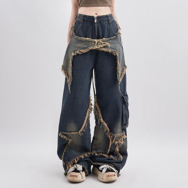 RUOK Retro Y2K Vintage Dames Denim Jeans Koreaanse Streetwear Oversize Ster Blauwe Esthetische Rechte Broek Wijde Pijpen Jeans Grunge Broeken Kleding Mode S blauw