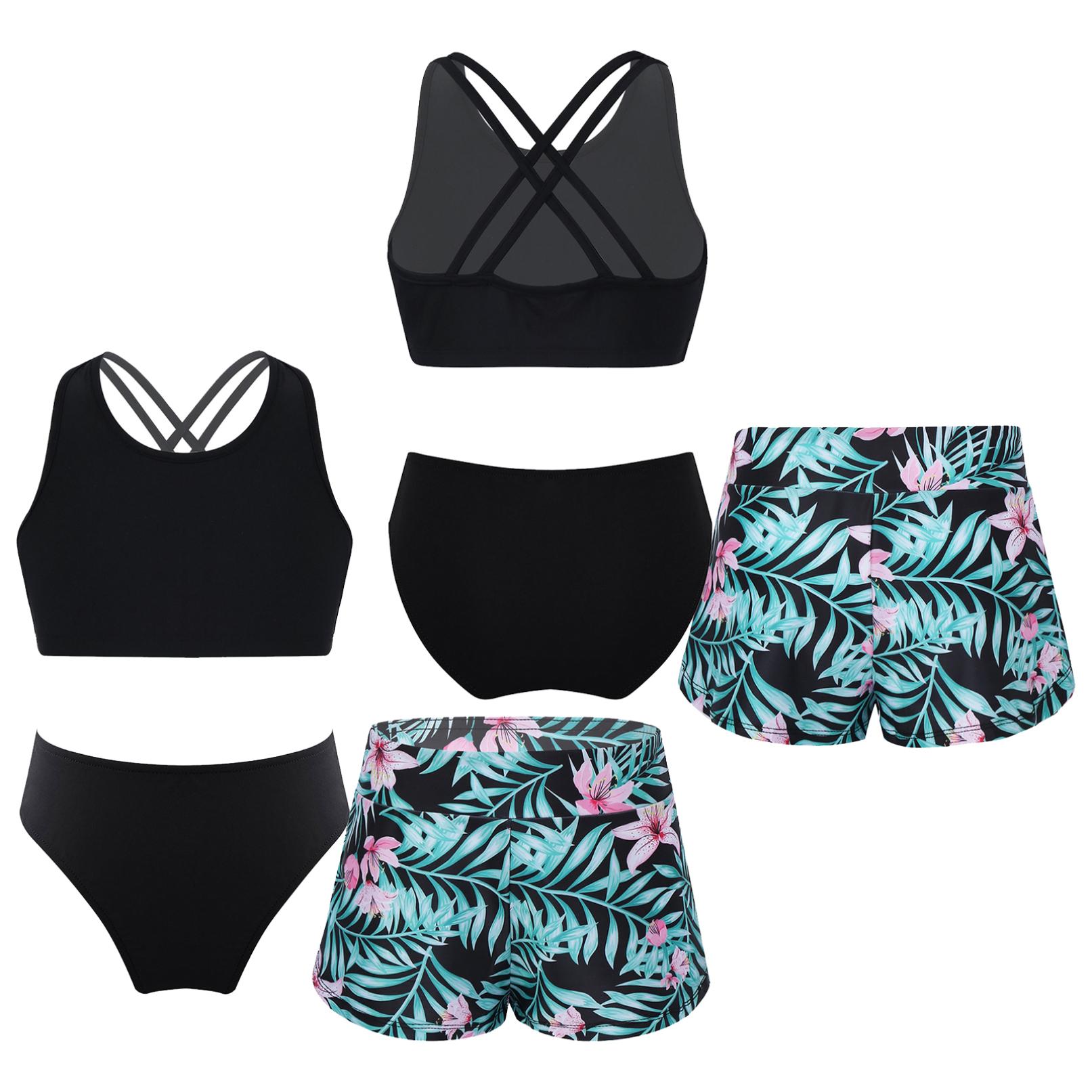 HULIJA Meisjesbikini Tankiniset Tanktop + shorts Bikinibroekjes 3-delig zwempak Zwemkleding Kinderzwempak Sportset Maat 6-16 jaar 9-10 Years