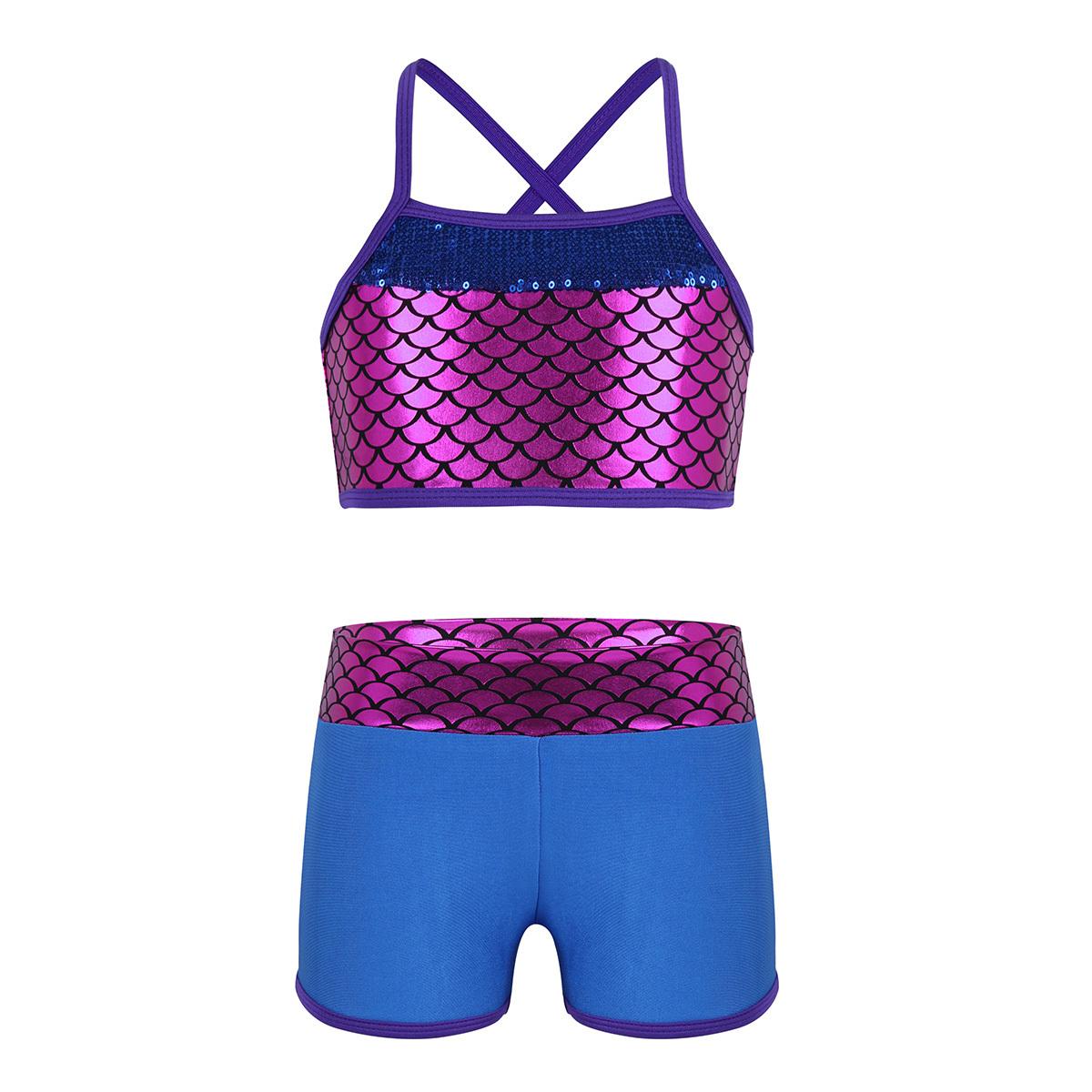 Aislor Kinderen meisjes tweedelige badpak sport gymnastiek dansen zwemmen outfit crop top met shorts set 11-12 Years