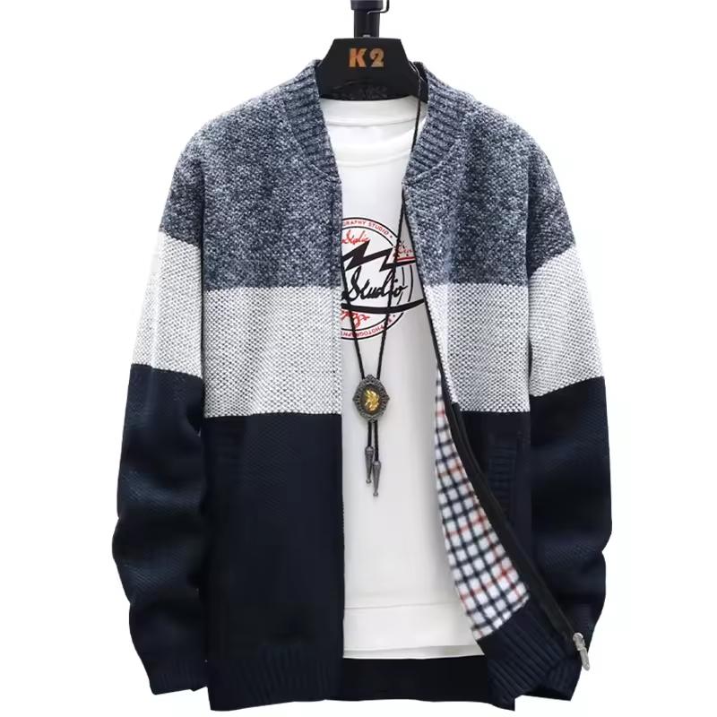 GLAM COUTURE Herfst Winter Cardigan Trui Heren Fleece Rits Truien Fluweel Contrast Gestreepte Trui Jassen Casual Jassen 3XL marineblauwe kleur