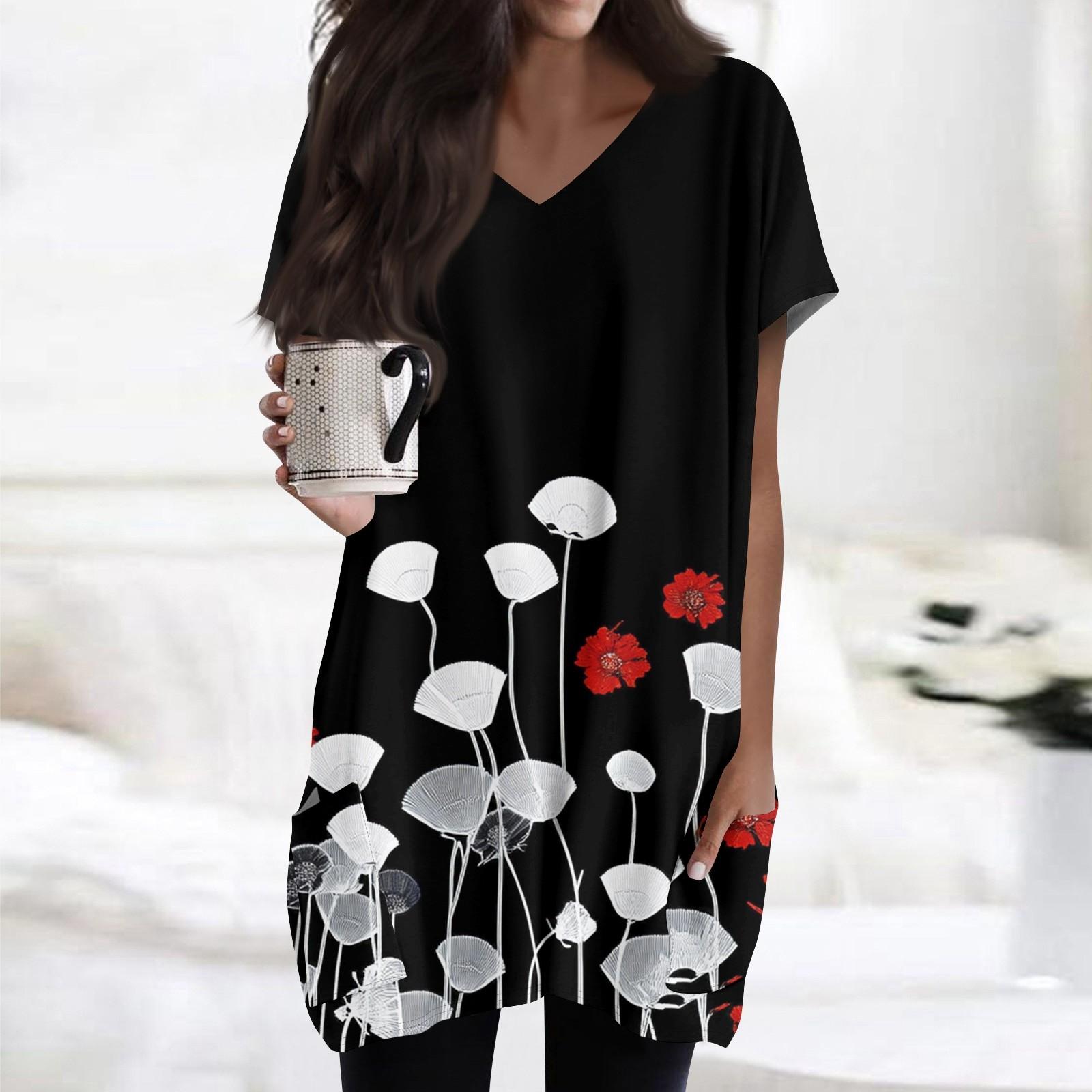 Hong  Art Dames Tops V-hals Korte Mouw Blouses Casual Mid-length Shirts Mode Print Tuniek Tops Met Zakken S wit