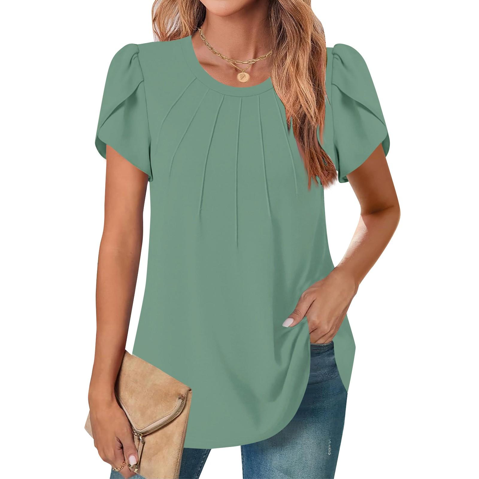 Hong  Art Dames casual ronde hals korte mouwen borst geplooide flap mouw effen kleur top XXL