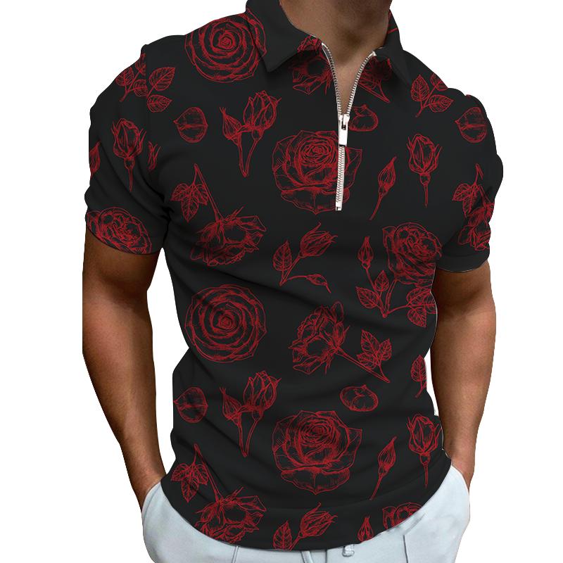 Casual Shirts For Mens Bloemen Heren Romantische Date Casual Party Korte Mouw T-shirt POLO 3XL rood