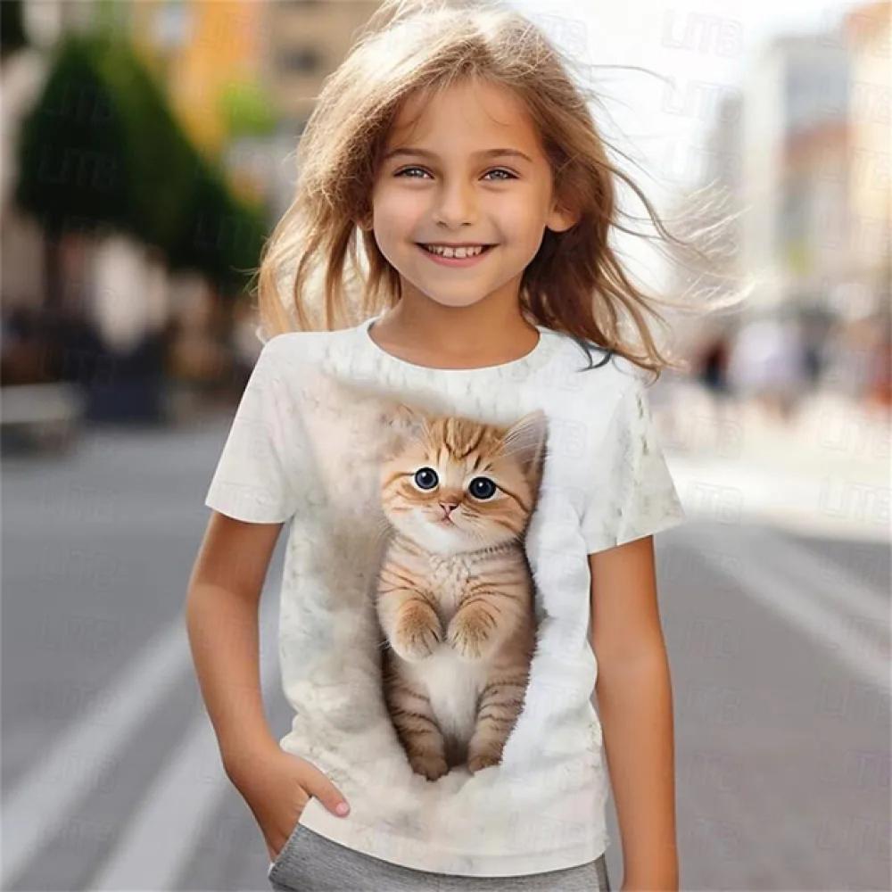 ETST WENDY 012 Zomer Nieuwe Kinderen Nieuwe Schattige Kattenpatroon 3D-Print T-shirt Meisjes Mode Schattige Patroon Casual Trendy Korte Mouwen Tops 120