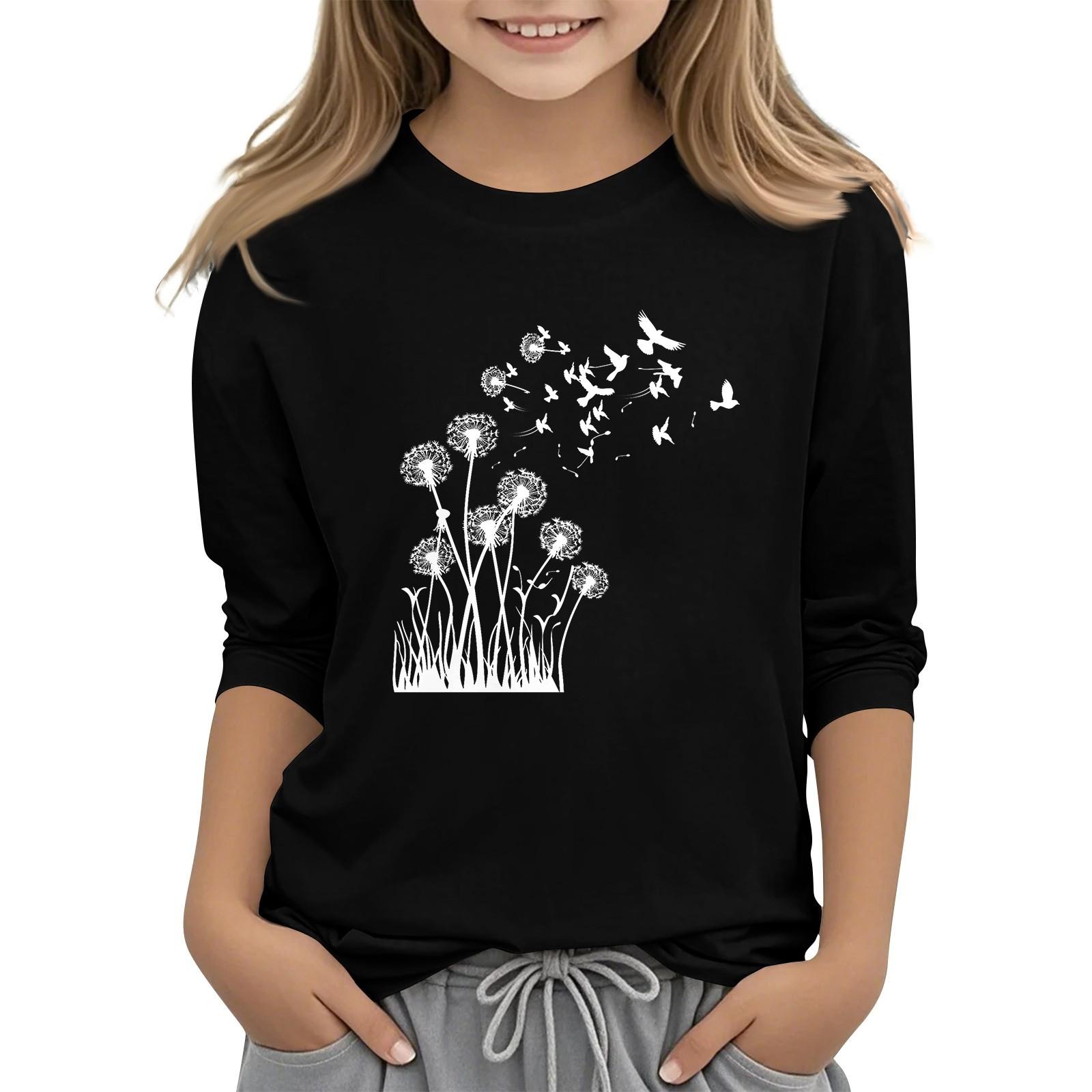 Hong  Art Children's 7-point sleeved round neck top print fashion casual T-shirt 130 zwart