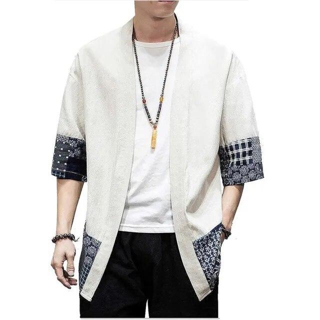 SHIZI Heren Japanse Kimono Cardigan Losse Katoenen Linnen 3/4 Mouw Open Voorkant Casual Zomer Shirt Jassen XXL beige