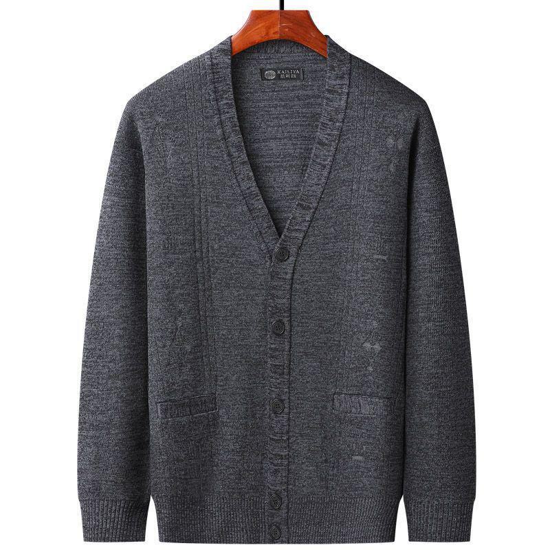 Get one Gebreid herenvest in lente- en herfststijl voor mensen van middelbare leeftijd en ouderen, losse jas met lange mouwen voor oudere mannen, dunne trui. 2XL