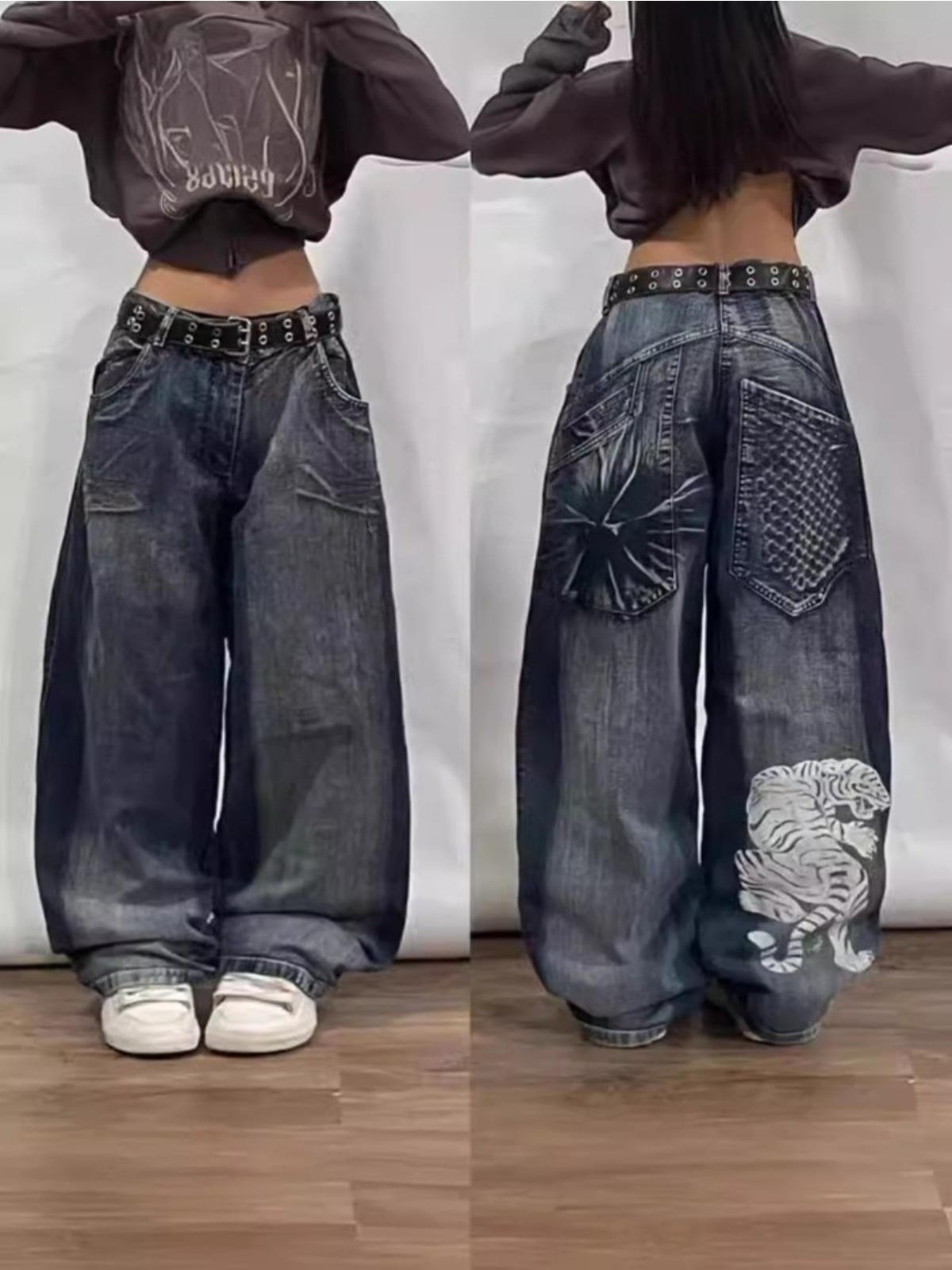 Tinicoo Y2K Amerikaanse Nieuwe Retro Straat Hip-hop Losse Jeans Vrouwelijke Harajuku Hoge Taille Wijde Pijpen Broek Gotische Wijde Broek Straat Broek S