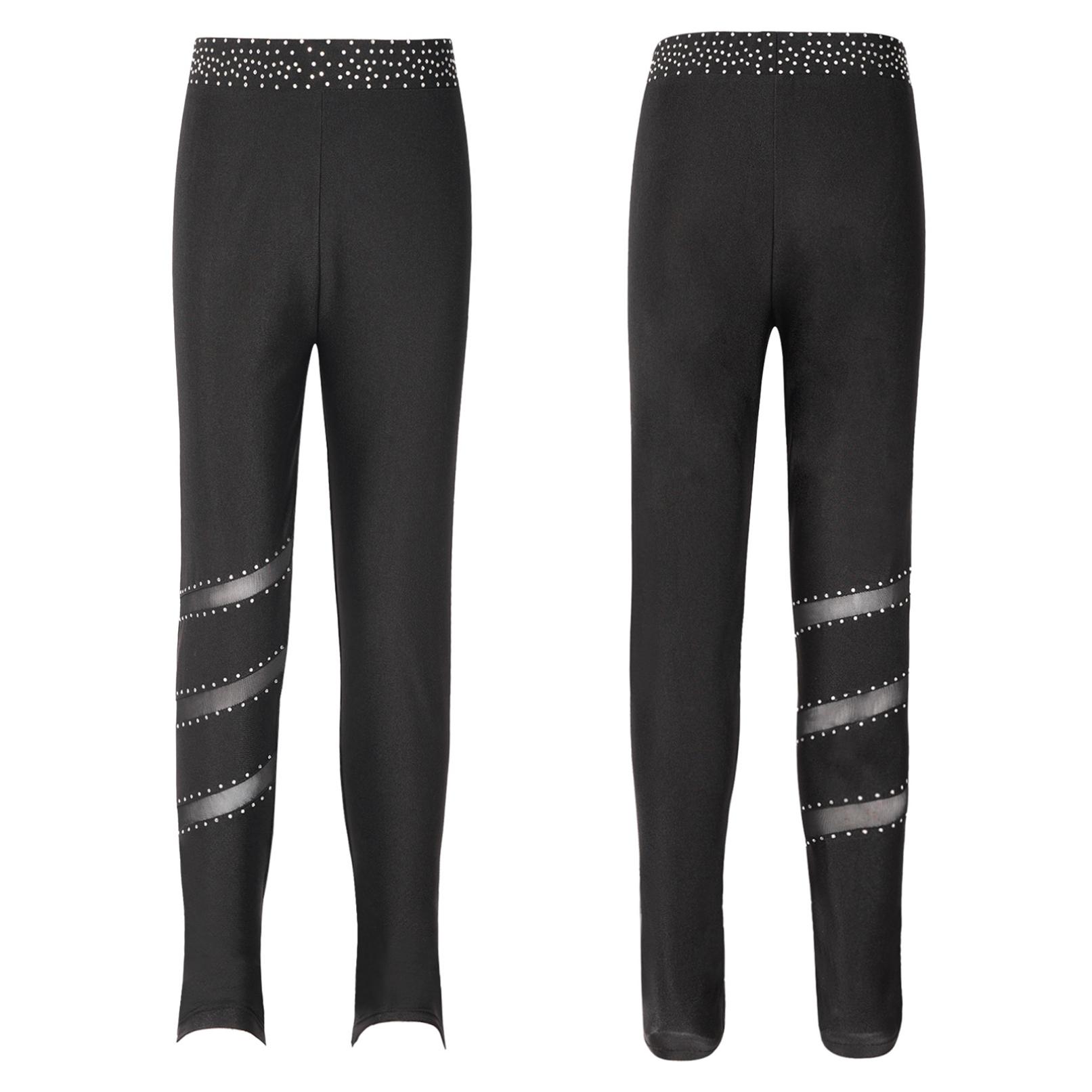 YOOJIA Kunstschaatsbroek voor kinderen, meisjes, hoge taille, steentjes, danslegging, patchworkbroek, oefenbroek voor training 11-12 Years zwart