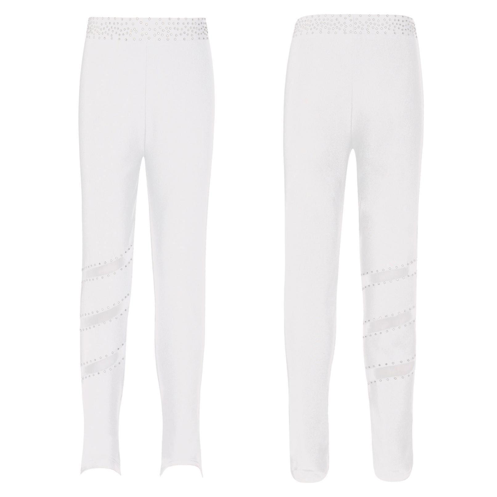 YOOJIA Kunstschaatsbroek voor kinderen, meisjes, hoge taille, steentjes, danslegging, patchworkbroek, oefenbroek voor training 9-10 Years wit