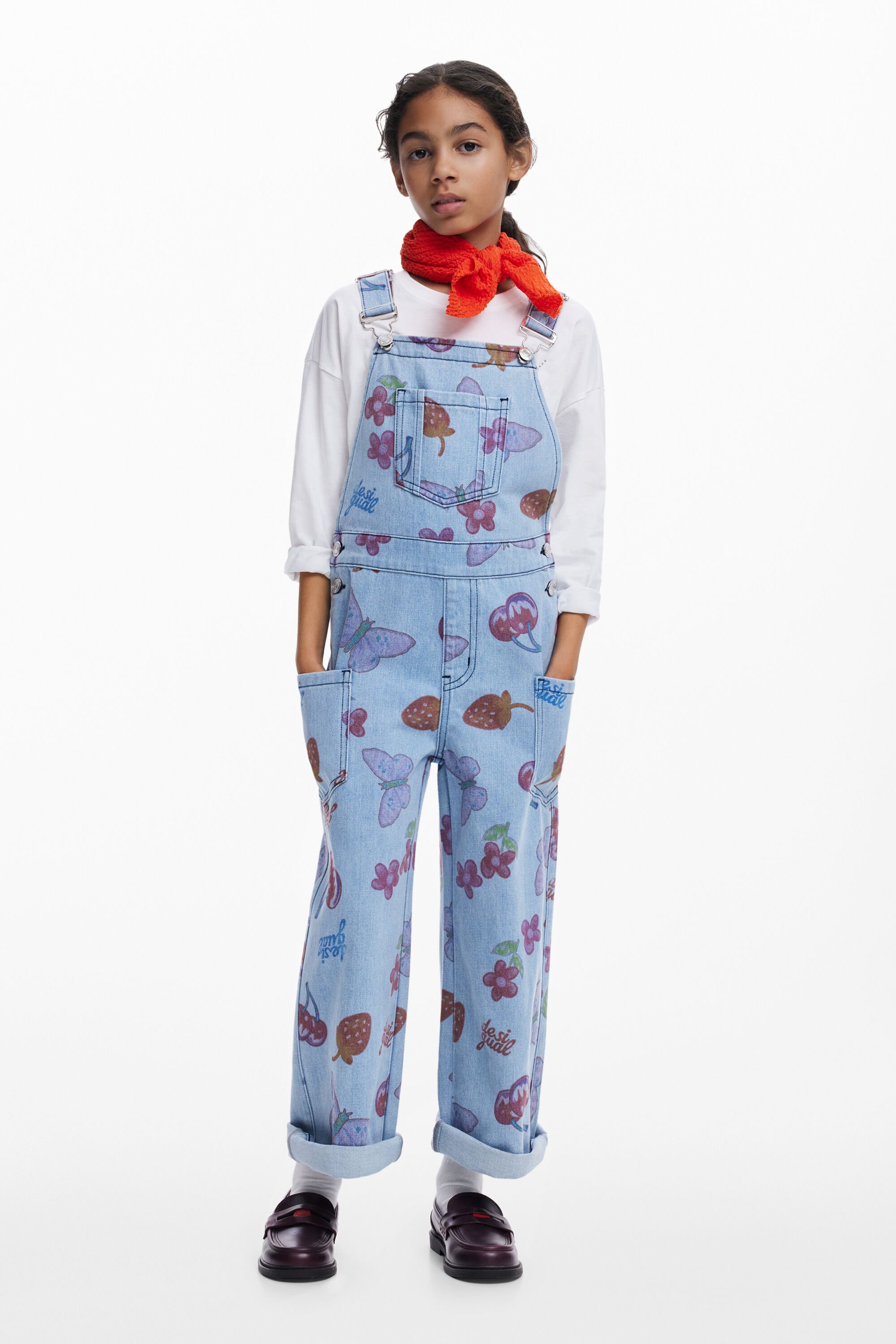Desigual Denim tuinbroek met fruitprint - BLUE