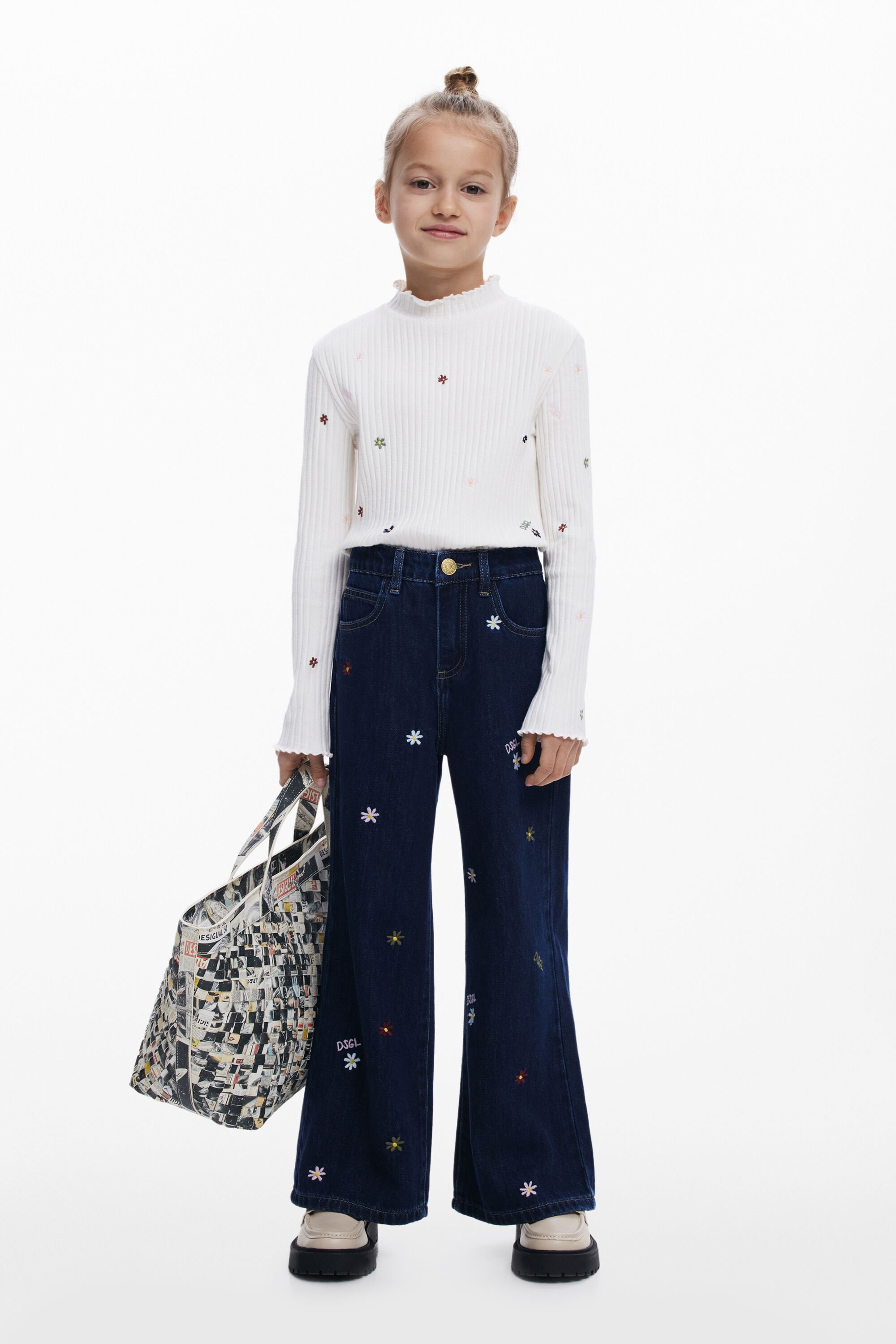 Desigual Bestickte cropped Wide jeans - BLACK