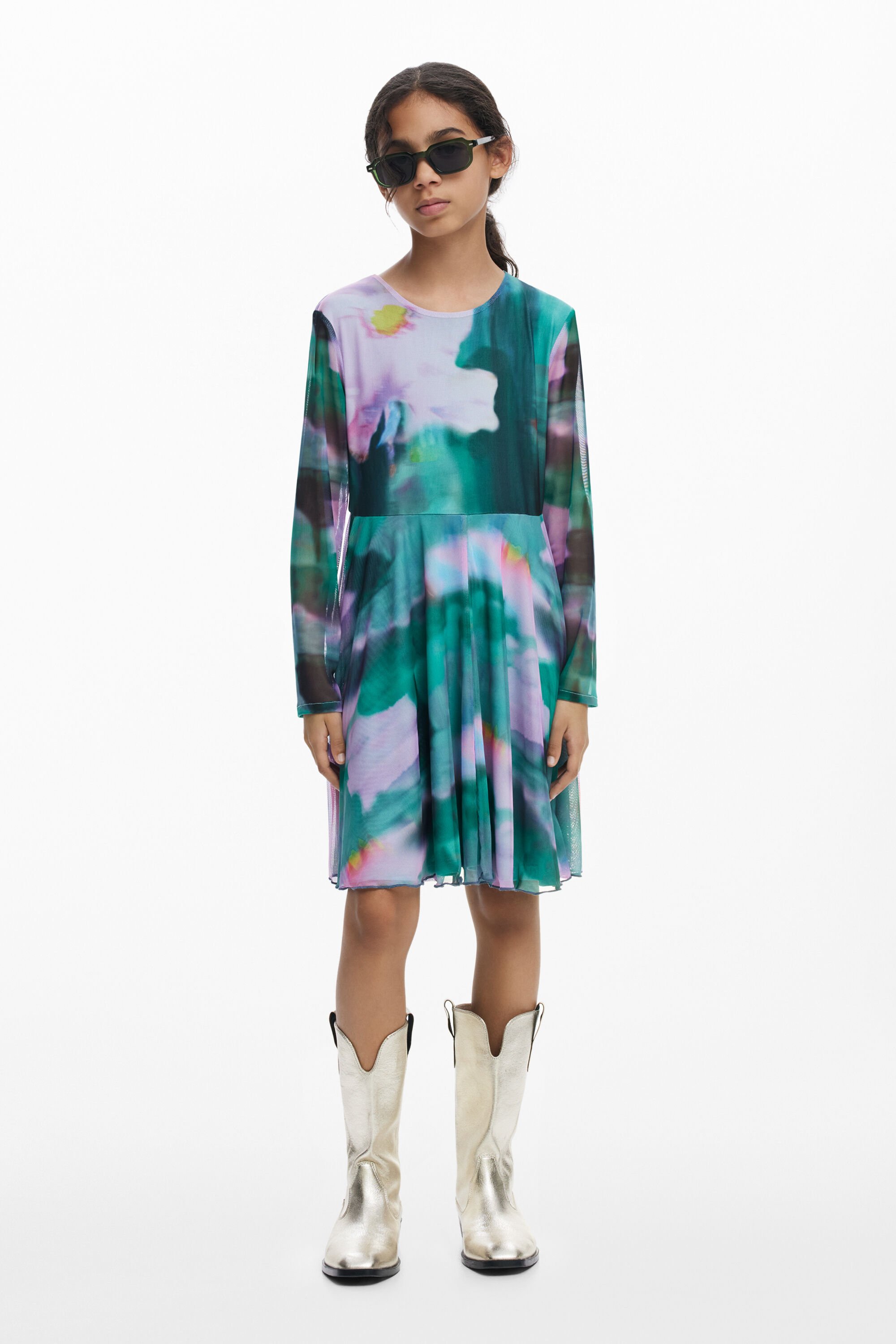 Desigual Aquarel tule jurk met lange mouwen - BLUE