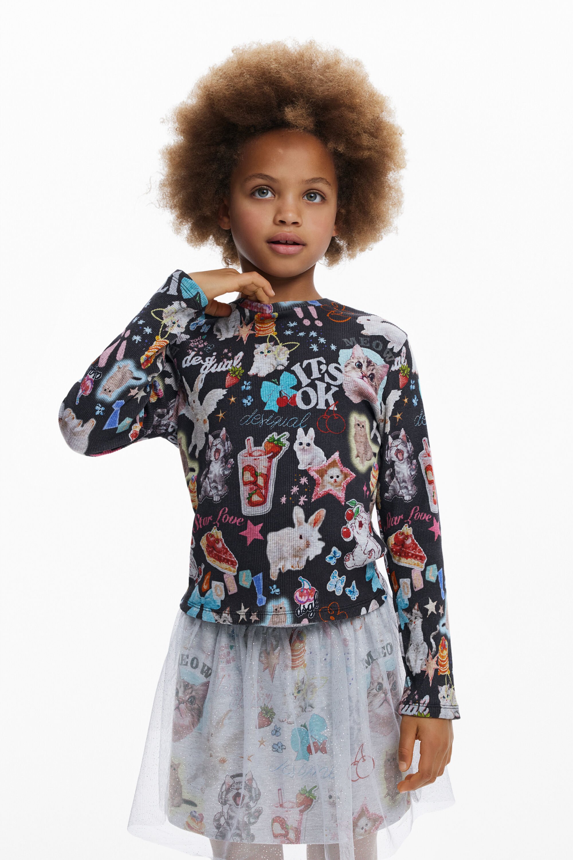 Desigual Lange mouwen T-shirt met katten - BLACK