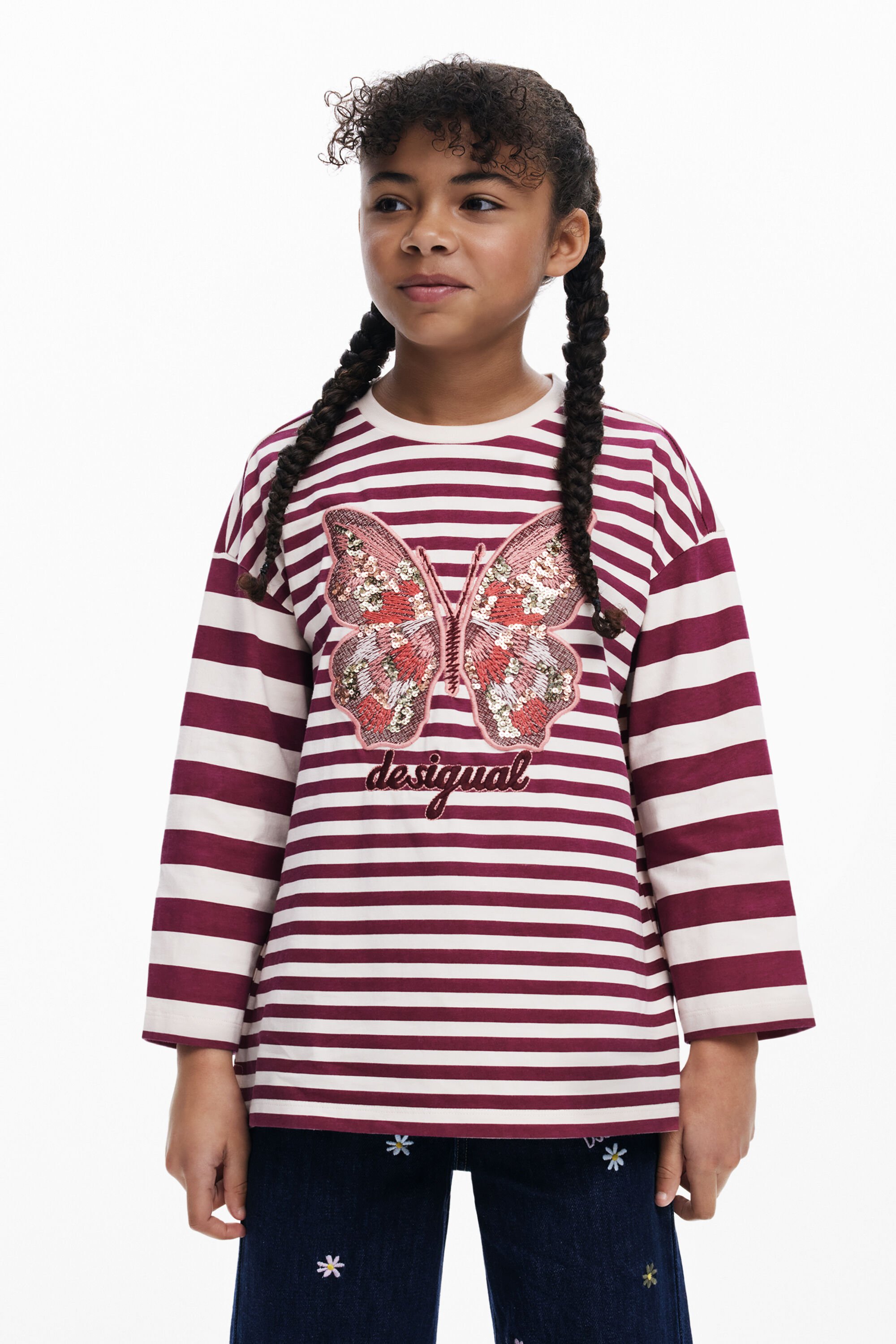 Desigual Gestreept T-shirt met vlinder en kralen - RED