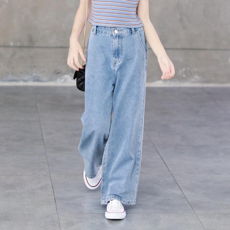 GS Tienermeisjes Jeans 2021 Lente Zomer Casual Mode Losse Blauwe Kinderen Been Wijde Broek School Kinderen Broeken 6 8 10 12 Jaar 170cm