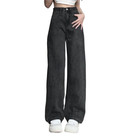 AuraMall Dames Jeans Hoge Taille Knoopsluiting Ritssluiting Vintage Losse Pasvorm Zakken Rechte Wijde Pijpen Streetwear Broek Dagelijkse Draag Lange Broeken XL zwarte grijze kleur