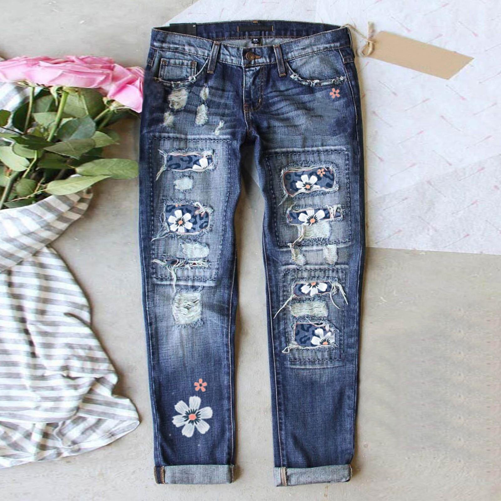 WomWear Dames blauwe bloem bedrukte stretch jeans hoge taille broek patch gescheurde vernietigde denim broek skinny broek XXXL