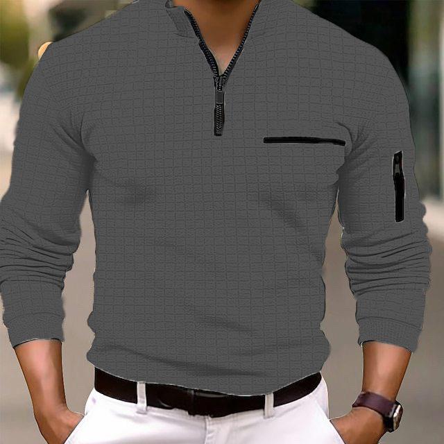 Zorioneko Heren Lente en Herfst Mode Casual T-shirt Heren Checkerboard Geruit POLO Shirt Mouw Rits Sport Polo Shirt M donkergrijze kleur