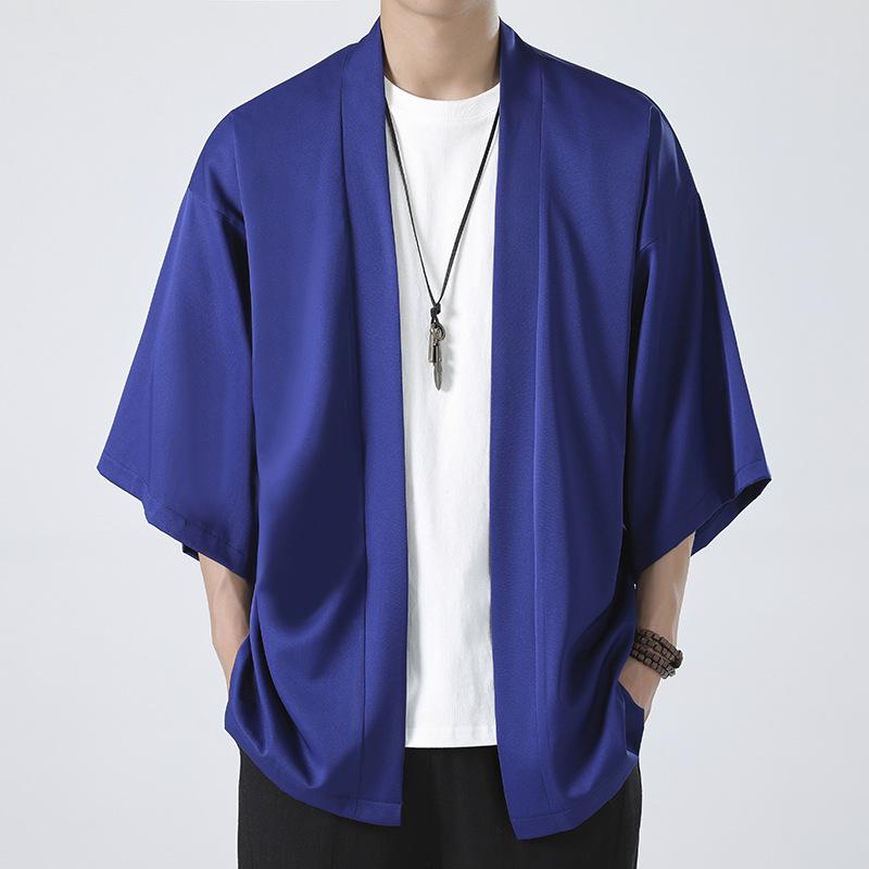 LAOHU Heren lichtgewicht kimono's traditionele Japanse kleding heren open voorkant vest mantel jas jas zwart L blauw