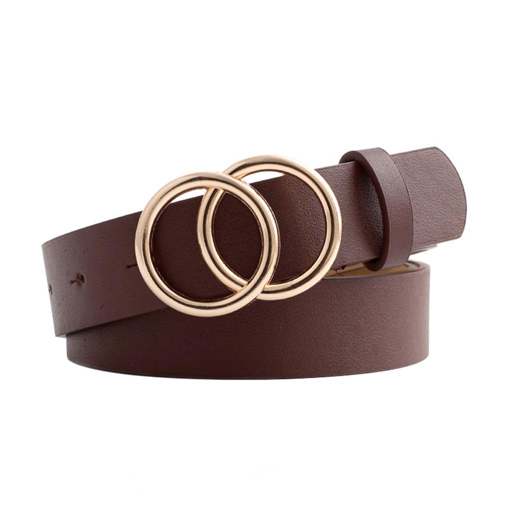 YA84EQ Dubbele ring cirkel ontwerp vrouwen leren riem eenvoudig ontwerp effen kleur meisjes verstelbare tailleband koffie