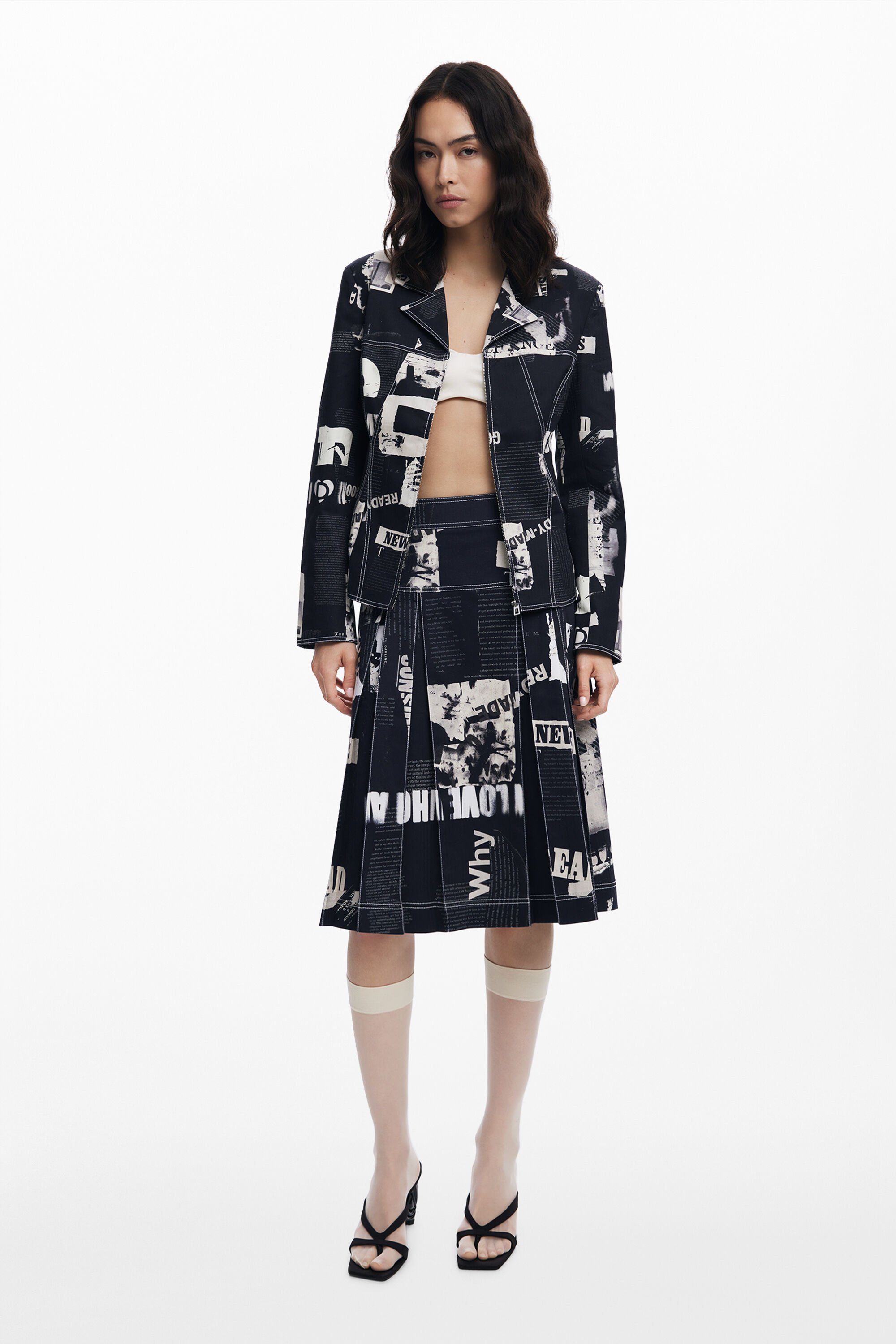Desigual Midirok met plissé in krantenprint - BLACK