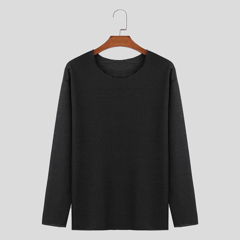 INCERUN Heren Ronde Hals Effen Lange Mouw Truien Herfst Dunne Gebreide Tops 2XL zwart