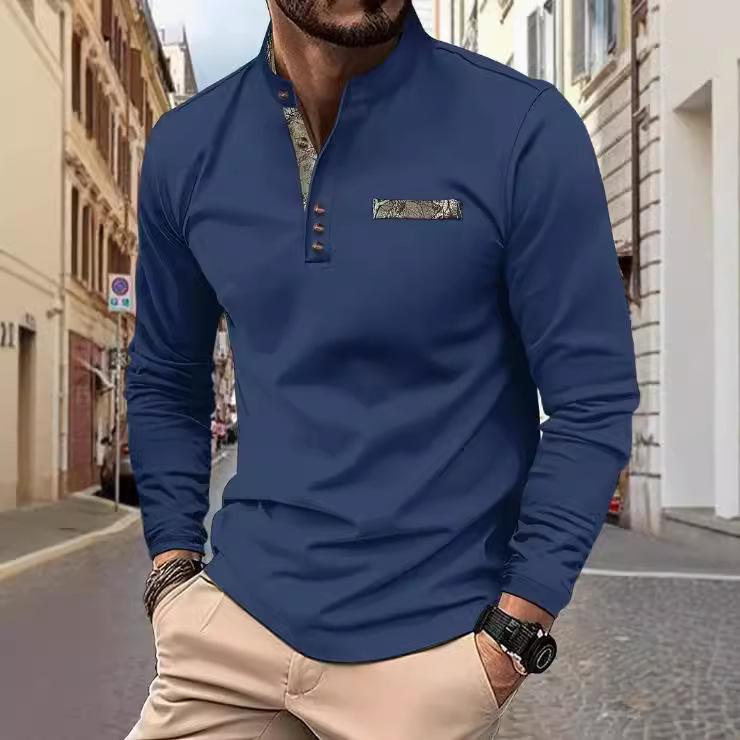 Fashion human Heren lente en herfst heren poloshirt met opstaande kraag casual sport lange mouwen Henley shirt XXL denimblauwe kleur